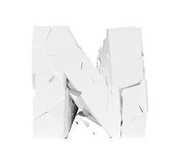 Isolated cracked alphabet letter N on a white background. 3D illustration.
