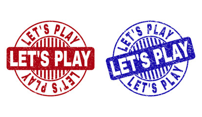 Grunge LET S PLAY round stamp seals isolated on a white background. Round seals with grunge texture in red and blue colors. Vector rubber imitation of LET S PLAY tag inside circle form with stripes.