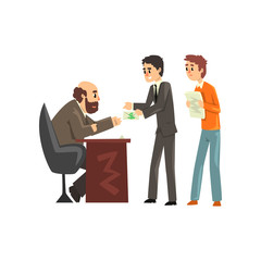 Two men giving money to get permission, official taking a bribe, corruption and bribery concept vector Illustration