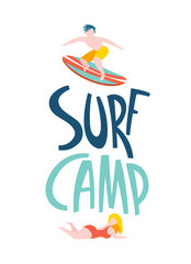 Surfing guys in the ocean. Surf camp lettering.