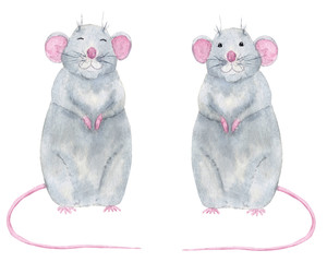 Watercolor hand drawn set with cute smiling gray rats isolated on white background