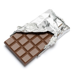 milk chocolate bar covered with foil isolated on white background with clipping path