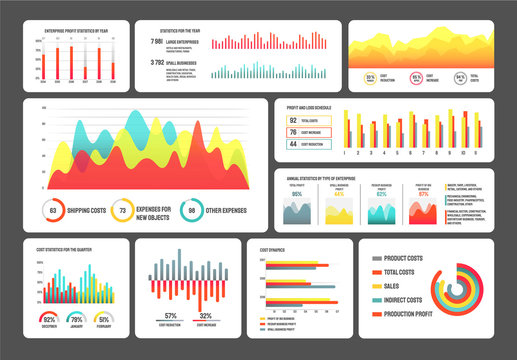 Visualization of data vector, set of infographics and infocharts. Information in visual form tables with statistics colored, pie diagram with explanations