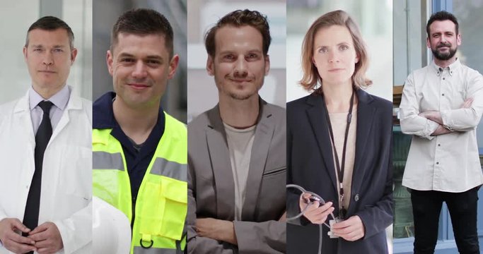 Montage of diverse group of Professional Adults looking to camera