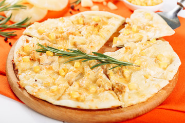 Italian Corn Cheese Pizza Piece Close-up Side View