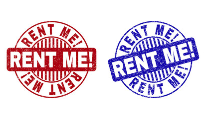 Grunge RENT ME Exclamation round stamp seals isolated on a white background. Round seals with grunge texture in red and blue colors. Vector rubber overlay of RENT ME Exclamation label inside circle