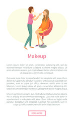 Makeup web poster with stylist making fashion glamor maquillage to client in chair vector, text sample. Professional make up studio leaflet, cosmetician
