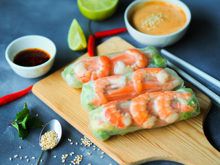 Fresh summer rolls with shrimp and vetgetables,Vietnamese food for healthy food concept.