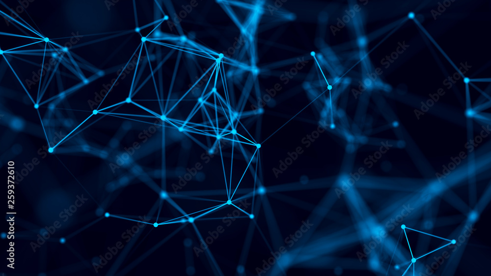Fototapete Abstract background with connecting dots and lines. Distribution of triangular shapes in space. Big data. Network connection structure. 3D rendering