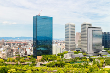 View of a city with modern buildings.