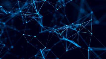 Abstract background with connecting dots and lines. Distribution of triangular shapes in space. Big data. Network connection structure. 3D rendering