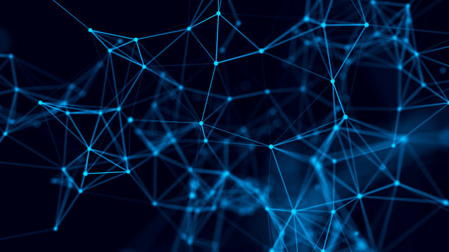 Abstract background with connecting dots and lines. Distribution of triangular shapes in space. Big data. Network connection structure. 3D rendering