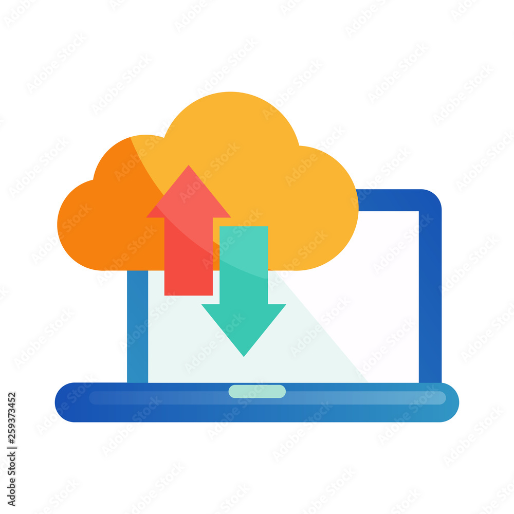 Aufkleber cloud storage flat icon. data synchronization between laptop and cloud. the process of downloading f