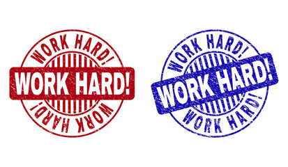 Grunge WORK HARD Exclamation round stamp seals isolated on a white background. Round seals with grunge texture in red and blue colors. Vector rubber overlay of WORK HARD Exclamation caption inside