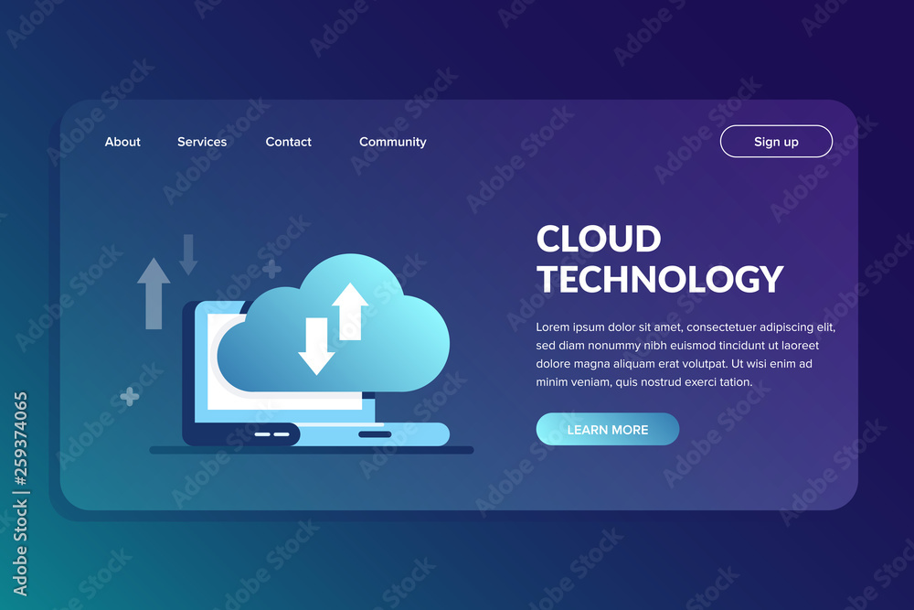 Aufkleber cloud technology web template. design landing page. process sync laptop and clouds. downloading file