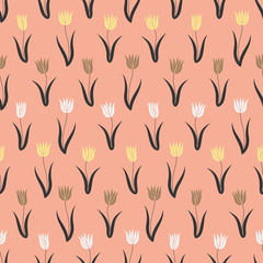 White & yellow spring tulips on pink background, seamless Easter vector pattern