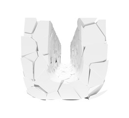 Isolated cracked alphabet letter U on a white background. 3D illustration.