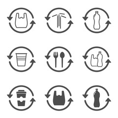 recycle plastic products vector icons isolated on white background. say no to plastic bag. plastic recycling and stop plastic pollution to save environment and ecology of earth