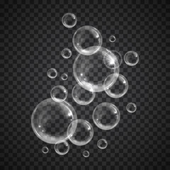 Realistic floating soap bubbles on transparent background. Design element for advertising booklet, flyer or poster