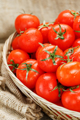 Small red tomatoes in a wicker basket on an old wooden table. Ripe and juicy cherry