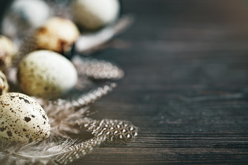 Obraz na płótnie Canvas Quail eggs on old wooden background. Happy Easter. Top view. Free copy space. Selective focus.