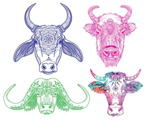 A set of colorings. Zebu cow, Indian cow, buffalo. Meditative coloring, anti-stress coloring. Patterns, points, arrows, stripes, mandalas. Ethnic drawing by hand.