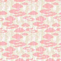 Illustration of stylized, abstract lilac, pink, cream and white clouds