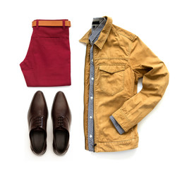 Men's casual outfits for man clothing with office shoes , belt, red trousers, shirt and yellow jacket isolated on white background, Top view