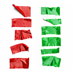 Set of Red, Green tapes on white background. Torn horizontal and different size black sticky tape,...