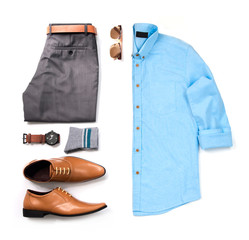 Men's casual outfits for man clothing with blue shirt , watch, sunglasses, trousers, socks and...