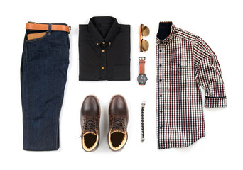 Men's casual outfits for man clothing with brown boot , watch, blue jeans, belt, wallet, sunglasses, office shirt and bracelet isolated on white background, Top view