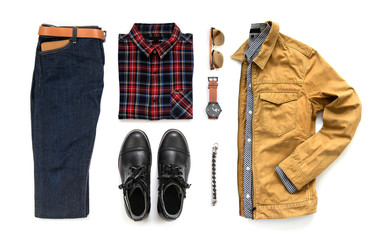 Men fashion casual outfits for man clothing set with black boot , watch, blue jeans, belt, wallet, sunglasses, office shirt and bracelet isolated on a white background, Top view