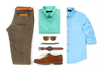 Men's casual outfits for man clothing set with brown shoes , watch, belt, bracelet, sunglasses, trousers, office shirt and wallet isolated on a white background, Top view