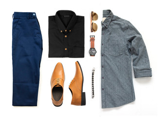 Men's clothing set with yellow shoes , watch,  trousers, sunglasses, office shirt and bracelet isolated on a white background, Top view