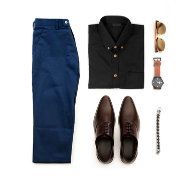 Men's casual outfits set with brown shoes , watch,  trousers, sunglasses, black shirt and bracelet isolated on a white background, Top view