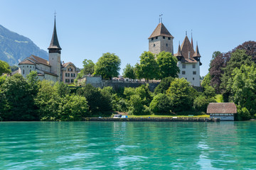 Fototapeta na wymiar Schloss Spiez mit der tausendjährigen Schlosskirche am Thuner See im Berner Oberland