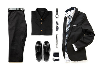Men's black clothing set with loafer shoes , watch, sock, bracelet, office shirt, tie and suit , pants belt isolate on a white background, Top view