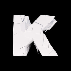 Isolated cracked alphabet letter K on a black background. 3D illustration.