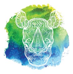 The head of a rhinoceros. Meditation, coloring of the mandala. Fluffy ears, big horn on the nose. Drawing manually, templates. Strips, points, arrows. Spots of watercolor paint, spray. Print, logo.