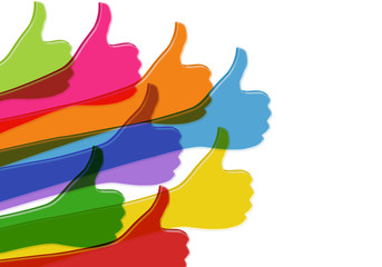 Social network concept. Colored hands with thumbs up. Positive and approval. Online community. Share and follow. Communication between friends. Isolated. Multiple exposure