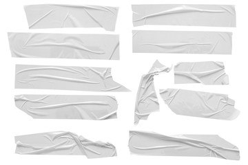 Set of white scotch tapes on white background. Torn horizontal and different size white sticky...