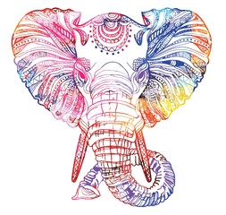 The head of an elephant. Meditation, coloring of the mandala. Large horns and long trunk. Elephant with tusks. Drawing manually, templates. Strips, points, arrows. Spots of watercolor paint, spray. 