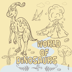 contour illustration_9_coloring cartoon of small dinosaurs and trees, plants, stones, for design in the style of Doodle