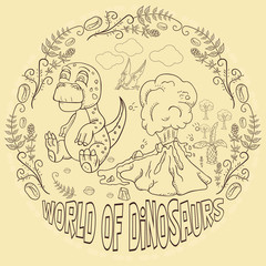 contour illustration_7_coloring of small dinosaurs and trees, plants, stones, for design in the style of Doodle in a circular ornament