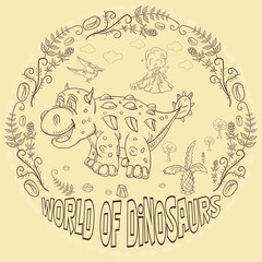 contour illustration_5_coloring of small dinosaurs and trees, plants, stones, for design in the style of Doodle in a circular ornament
