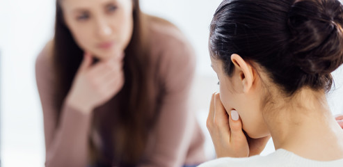 panoramic shot of woman crying during therapy session with copy space