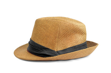 Vintage Straw hat fasion with black ribbon for man isolated on white background. This has clipping path