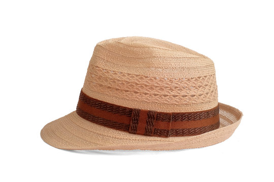 Vintage Straw hat fasion with brown ribbon for man isolated on white background. This has clipping path