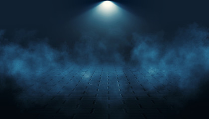 Background of an empty dark street, premises at night, concrete pavement, tile. Neon light, spotlight, smoke, smog