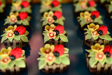sweets decorated with ladybugs and flowers, party sweets, party candy, condensed milk candy balls, candy balls, Chocolate Cake, brownie